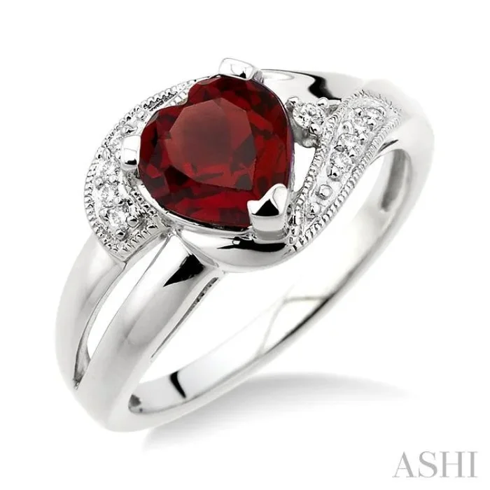 7×7 MM Heart Shape Garnet and 1/20 Ctw Single Cut Diamond Ring in Sterling Silver