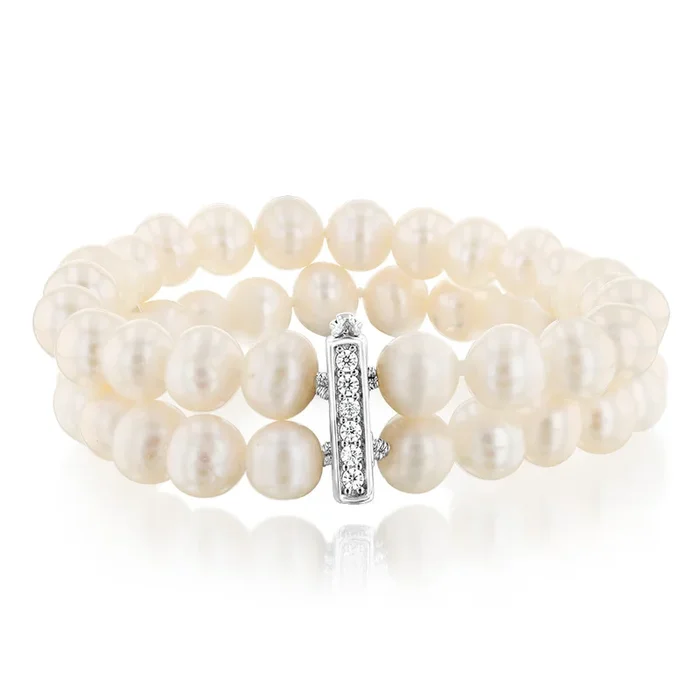 7-8mm Fresh Water Pearl & Cubic Zirconia Bracelet in Sterling Silver