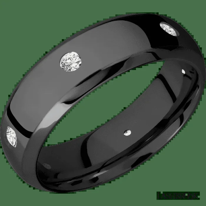 7 mm wide/Domed Bevel/Zirconium band with a 6X Even arrangement of 07 carat Round Diamond stones in a Flush setting