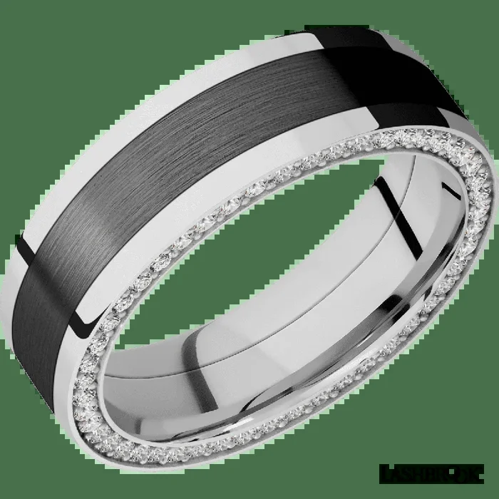 7 mm wide/Flat/14K White Gold band with one 4 mm Centered inlay of Zirconium and featuring a Side Eternity arrangement of 01 carat Round Diamond stones in a Bead Channel setting