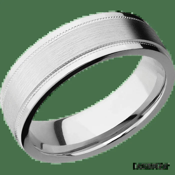 7 mm wide Flat Stepped Edges Milgrain 14K White Gold band