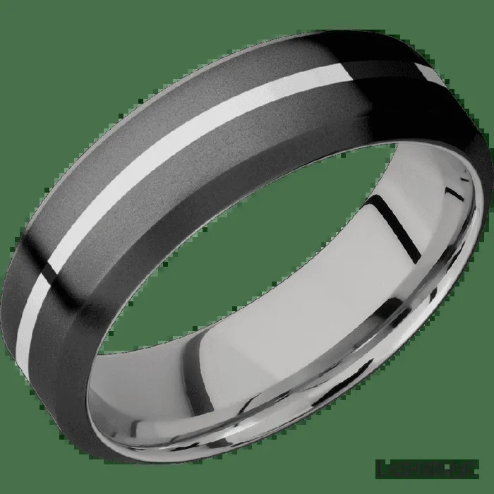 7 mm wide/High Bevel/Zirconium band with one 1 mm Centered inlay of Palladium Silver also featuring a Palladium Silver sleeve