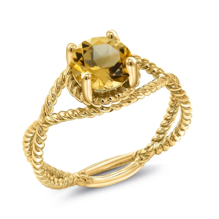 7MM Round Gemstone Birthstone Solitaire Ring for Women | Twisted Rope Band in 18K Yellow Gold Plated Silver | Available in Sizes 5, 6, 7, 8, 9