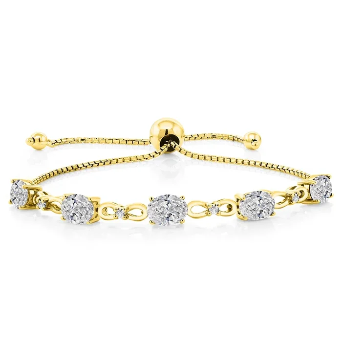 7X5MM Oval Cut Gemstone Birthstone and Accent Lab Grown Diamond Tennis Bracelet For Women In 18K Yellow Gold Plated Silver | Adjustable Bolo Bracelet For Women | Easy-On Easy-Off
