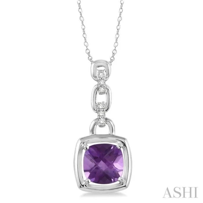 8×8 MM Cushion Checker Amethyst and 1/20 Ctw Single Cut Diamond Pendant in Sterling Silver with Chain