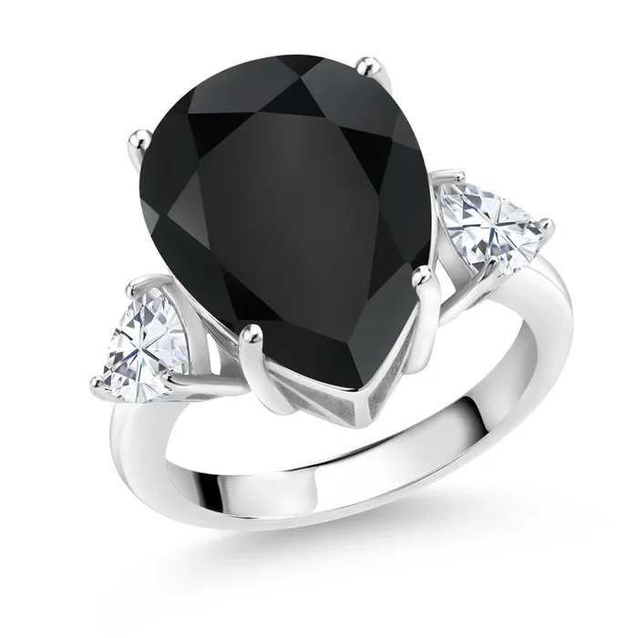 8.31 Cttw Pear Shape Black Onyx and White Moissanite 3 Stone Ring For Women | 925 Sterling Silver | Gemstone Birthstone