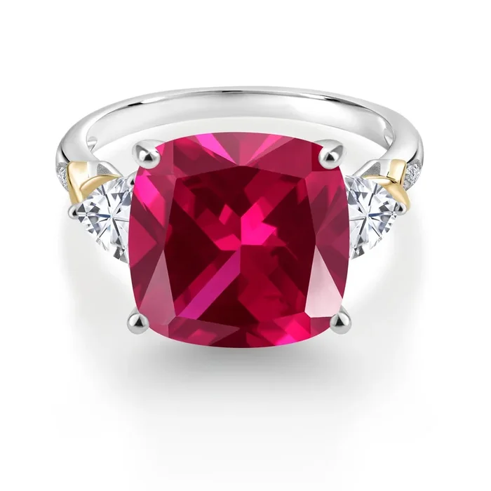 8.95 Cttw Red Created Ruby White Moissanite and Diamond Ring For Women | 925 Silver and 10K Yellow | 12MM Cushion and 5MM Trillion | Wedding Engagement Anniversary Ring For Women