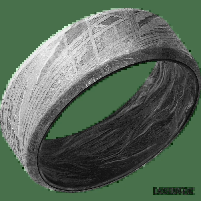 8 mm wide Beveled Meteorite band featuring a Forged Carbon Fiber sleeve