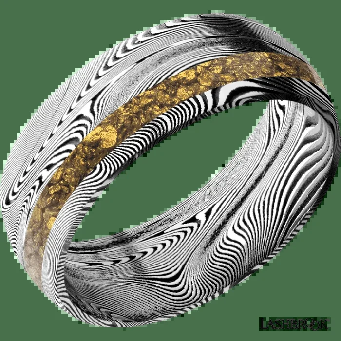 8 mm wide/Domed/Tightweave band with one 2 mm Off Center inlay of Alaskan Gold Nugget