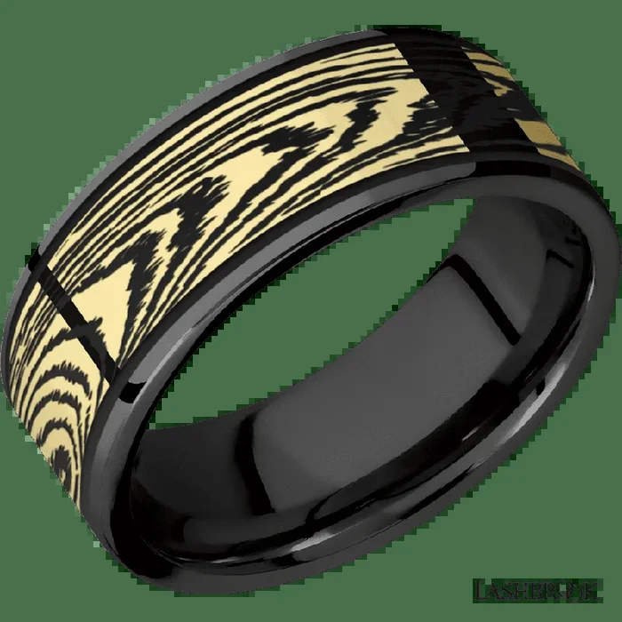 8 mm wide/Flat/Zirconium band with one 6 mm Centered inlay of 14K Yellow Gold with a laser carved Woodgrain pattern