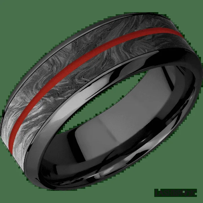 8 mm wide/High Bevel/Zirconium band featuring inlays of Forged Carbon Fiber and Red Apple