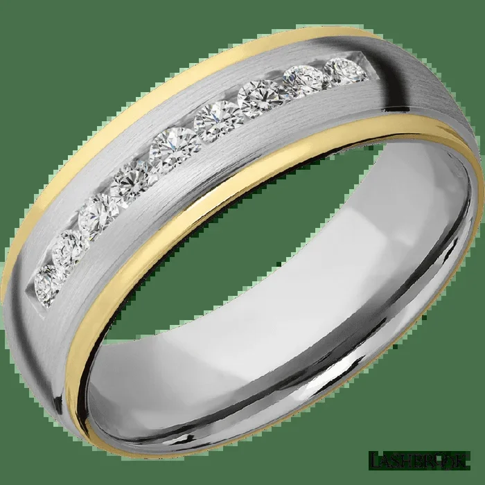 “7 mm wide/Domed Stepped Down Edges/Cobalt Chrome band with an arrangement of 9, 05 carat Round Lab Grown Diamond stones in a Channel setting and featuring two 1 mm Edge inlays of 14K Yellow Gold”
