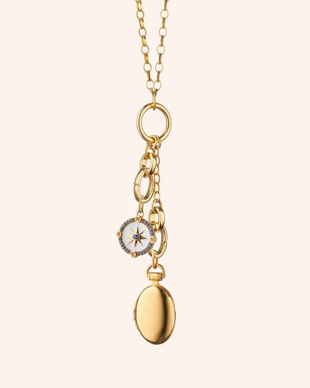 “Adventure” Compass and “Anna” Locket Chain Necklace with White Enamel and Blue Sapphires