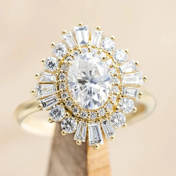 “APHRODITE” – OVAL CUT MOISSANITE ENGAGEMENT RING WITH DIAMOND HALO – 14K YELLOW GOLD – SIZE 7