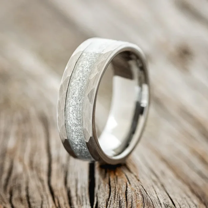 “APOLLO” – FACETED TUNGSTEN WEDDING BAND WITH SINGLE INLAY – READY TO SHIP