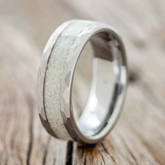 “APOLLO” – FIRE & ICE OPAL TUNGSTEN WEDDING RING WITH FACETED EDGES