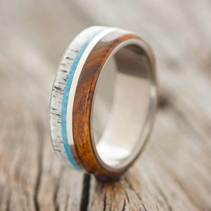 “ARGOS” – ANTLER, TURQUOISE, 14K GOLD & IRONWOOD WEDDING RING
