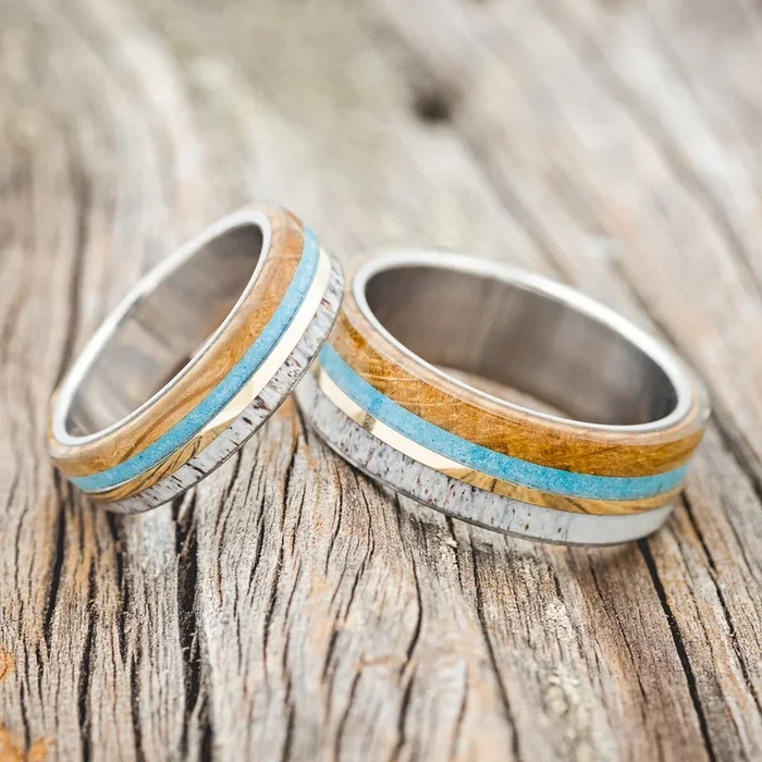 “ARGOS” – MATCHING SET OF ANTLER, WHISKEY BARREL, TURQUOISE & 14K GOLD INLAY WEDDING BANDS