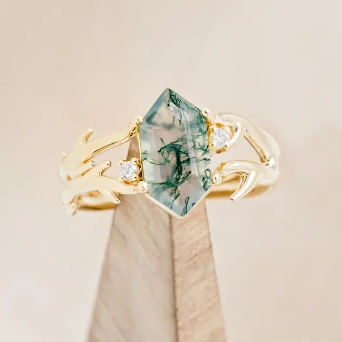 “ARTEMIS” – ELONGATED HEXAGON MOSS AGATE ENGAGEMENT RING WITH AN ANTLER STYLE BAND & DIAMOND ACCENTS – READY TO SHIP