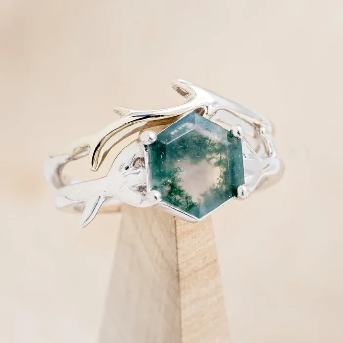 “ARTEMIS” – HEXAGON CUT MOSS AGATE ENGAGEMENT RING WITH AN ANTLER-STYLE STACKING BAND