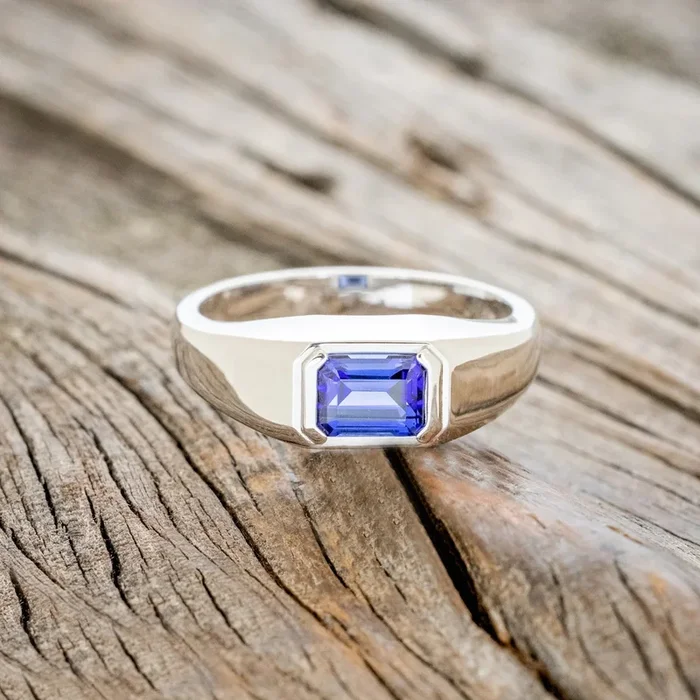 “ARTHUR” – BEZEL SET LAB-GROWN SAPPHIRE WEDDING BAND – 14K WHITE GOLD – SIZE 9 3/4