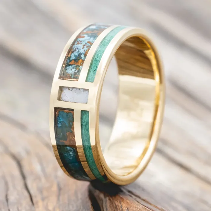 “BOWER” – PATINA COPPER, MALACHITE & MOTHER OF PEARL WEDDING RING FEATURING A 14K GOLD BAND
