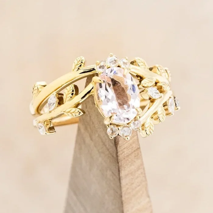 “CAELUM” – VINE STYLE OVAL CUT MORGANITE ENGAGEMENT RING SET WITH LEAF & DIAMOND ACCENTS