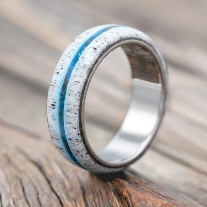 “CANYON” – ANTLER, TURQUOISE & PATINA COPPER WEDDING BAND