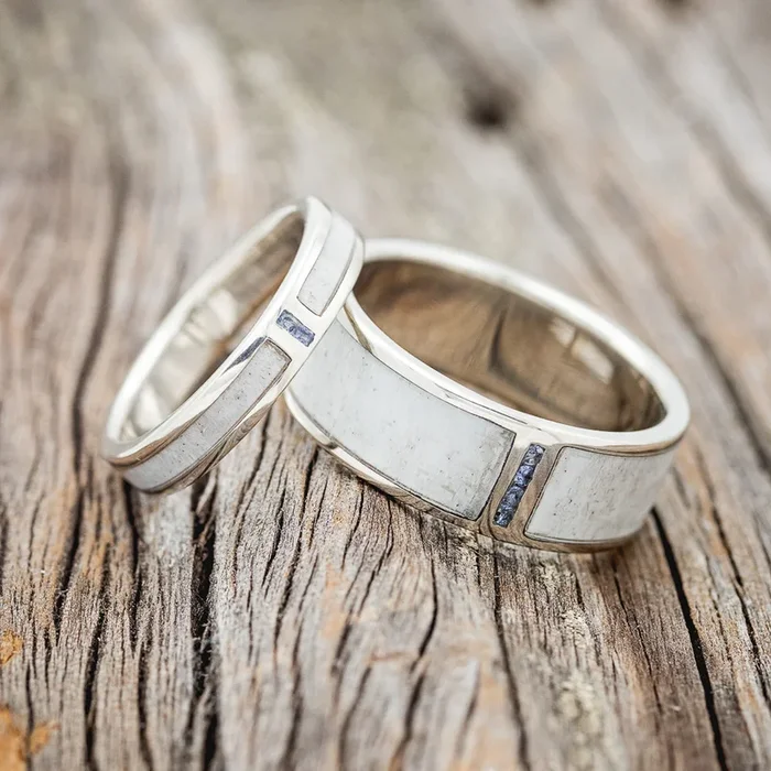 “CASPIAN” – MATCHING SET OF ANTLER & AQUAMARINE WEDDING BANDS