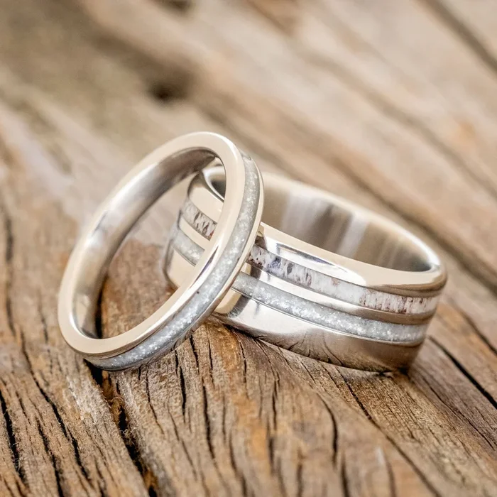 “COSMO” – MATCHING SET OF ANTLER & DIAMOND DUST WEDDING BANDS