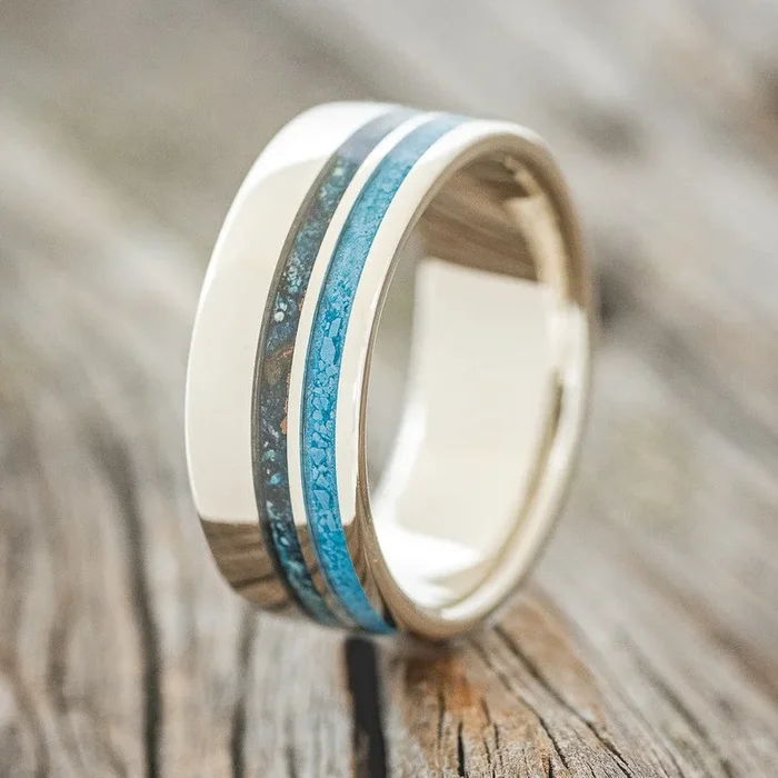 “COSMO” – TURQUOISE & PATINA COPPER WEDDING RING FEATURING A 14K GOLD BAND