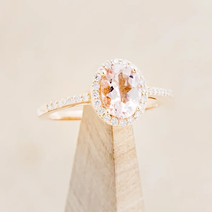 “DIANA” – OVAL CUT MORGANITE ENGAGEMENT RING WITH DIAMOND HALO & ACCENTS