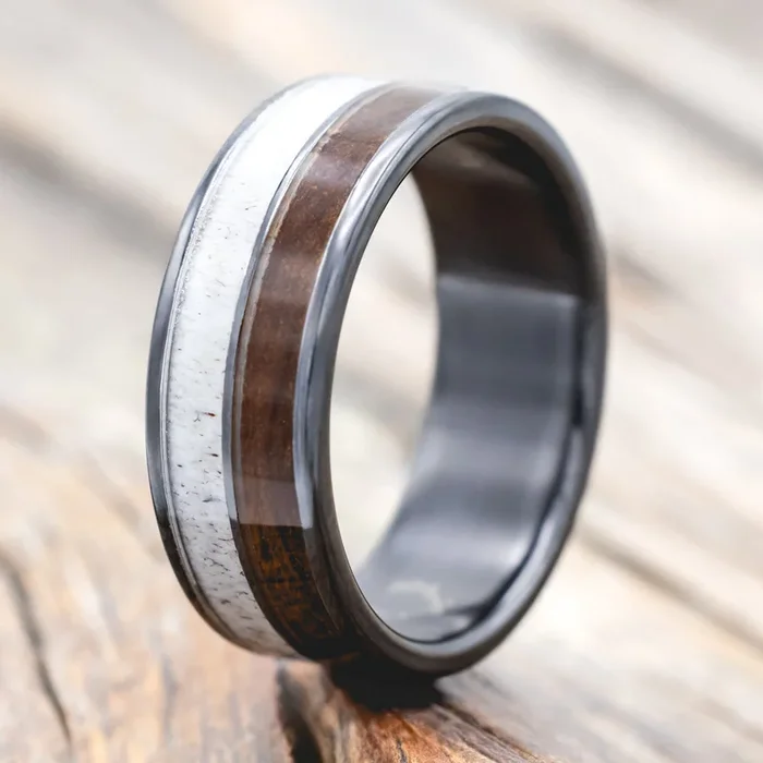 “DYAD” – IRONWOOD & ANTLER WEDDING BAND – BLACK ZIRCONIUM – SIZE 10 1/2