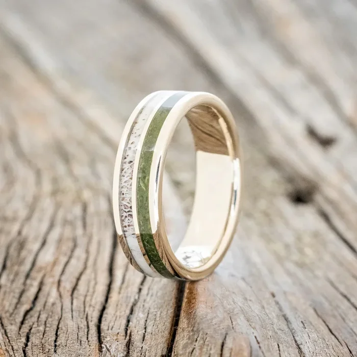 “DYAD” – MOSS & ANTLER WEDDING BAND – 14K WHITE GOLD (6MM) – SIZE 8 1/2