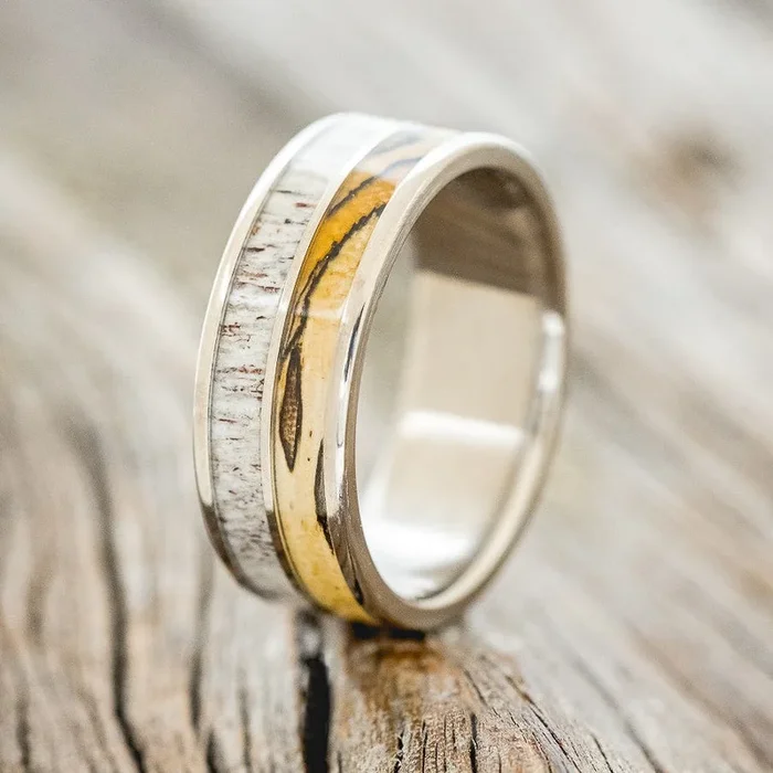“DYAD” – SPALTED MAPLE & ANTLER WEDDING BAND