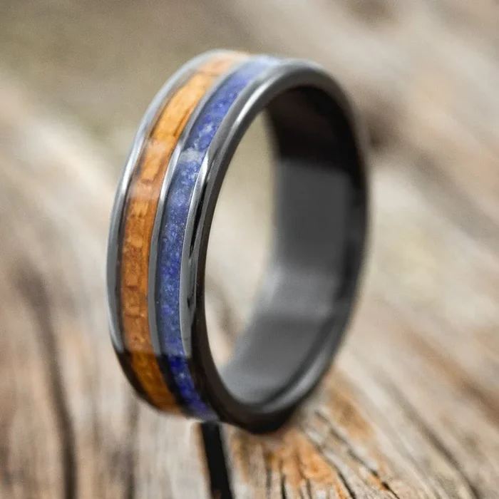 “DYAD” – WHISKEY BARREL OAK & LAPIS LAZULI WEDDING RING BAND
