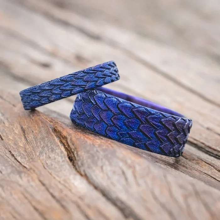 “ECHO” – MATCHING FIRE-TREATED TITANIUM CUSTOM EMBOSSED 3D DRAGON SCALE WEDDING BANDS