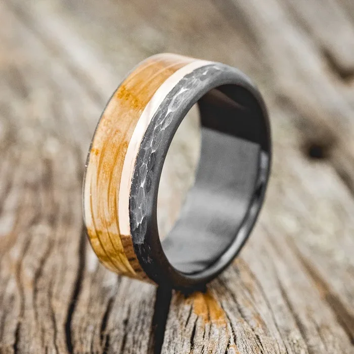 “EZRA” – WHISKEY BARREL OAK & 14K GOLD INLAY WEDDING RING FEATURING A HAMMERED BAND