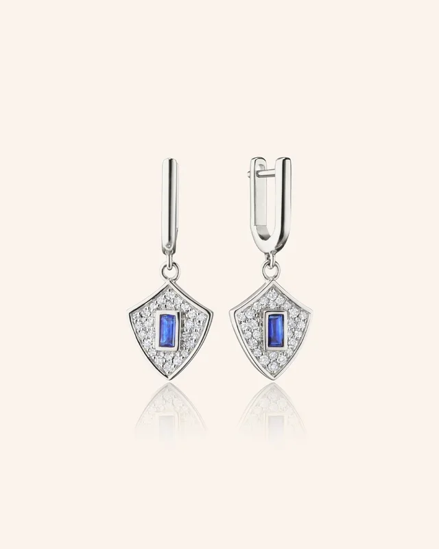 “Fearless” Shield Earrings with Blue Sapphire Baguette and White Sapphires