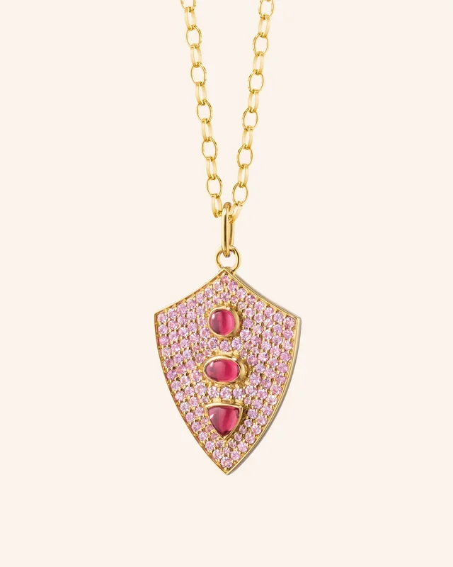 “Fearless” Shield Necklace with Pink Sapphires and Rhodolite