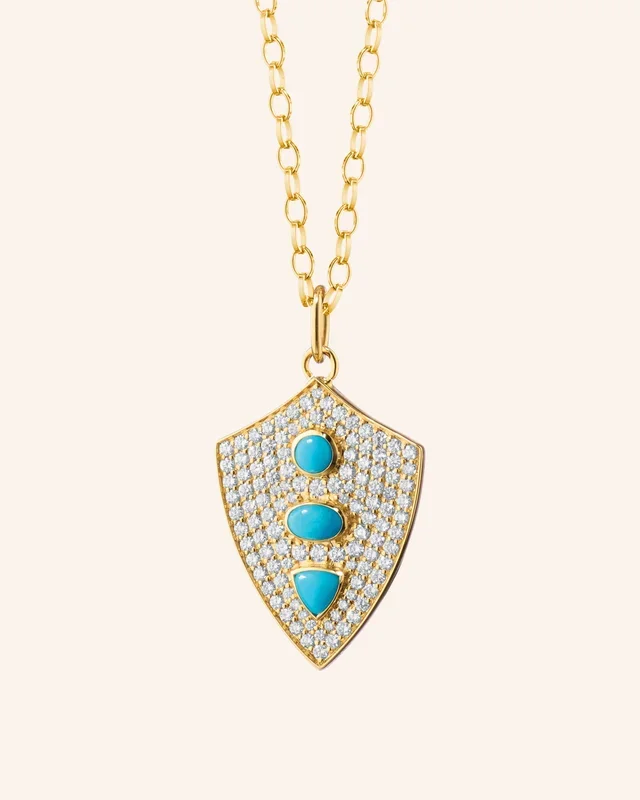 “Fearless” Shield Necklace with Turquoise and Diamonds