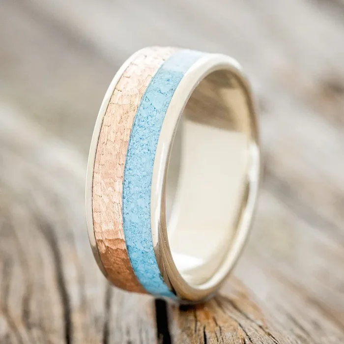 “FLYNN” – TURQUOISE & HAMMERED 14K GOLD INLAY WEDDING RING FEATURING A 14K GOLD BAND