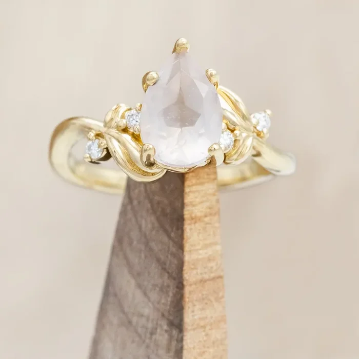 “GLADYS” – PEAR CUT ROSE QUARTZ ENGAGEMENT RING WITH DIAMOND ACCENTS – 14K YELLOW GOLD – SIZE 5 3/4