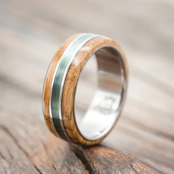 “GLEN” – WHISKEY BARREL OAK & FISHING LINE WEDDING RING