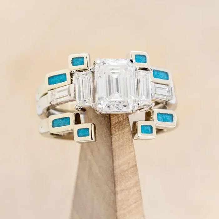 “GRETA” – EMERALD CUT MOISSANITE ENGAGEMENT RING WITH MALACHITE OR TURQUOISE STACKING BAND