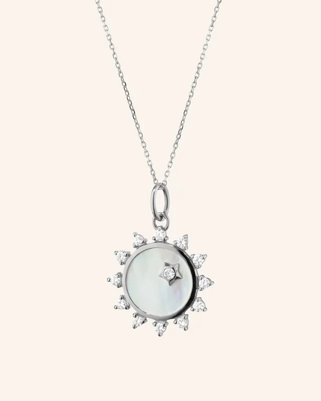 “Happiness” Sun Sterling Silver Necklace with White Sapphires