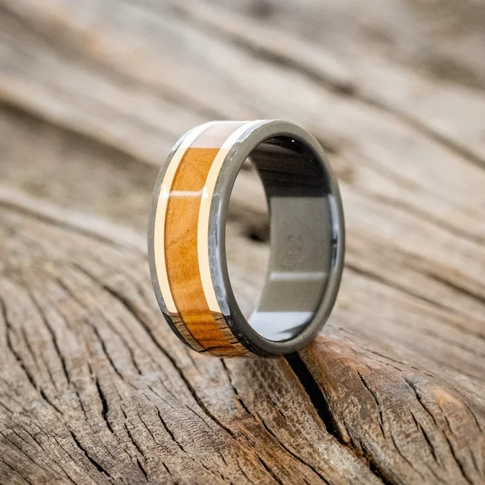 “HOLLIS” – BETHLEHEM OLIVE WOOD & 14K GOLD INLAYS WEDDING RING