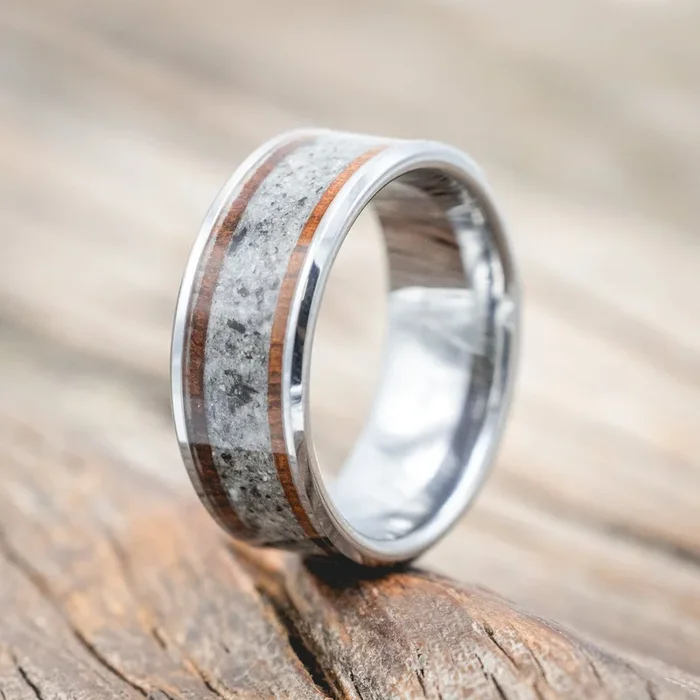 “HOLLIS” – MOONSTONE & KOA WOOD WEDDING BAND
