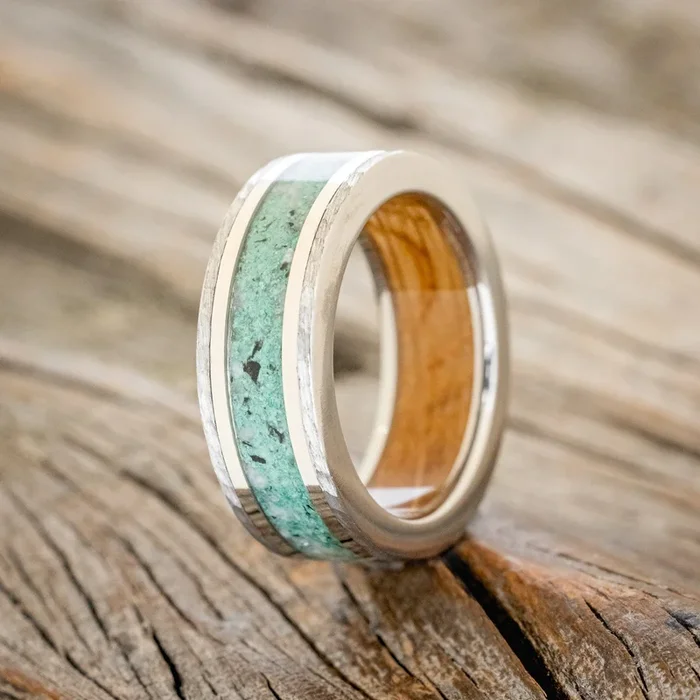 “HOLLIS” – MOONSTONE & MALACHITE MIX, 14K WHITE GOLD INLAYS WEDDING RING WITH WHISKEY BARREL LINING IN A HAMMERED FINISH