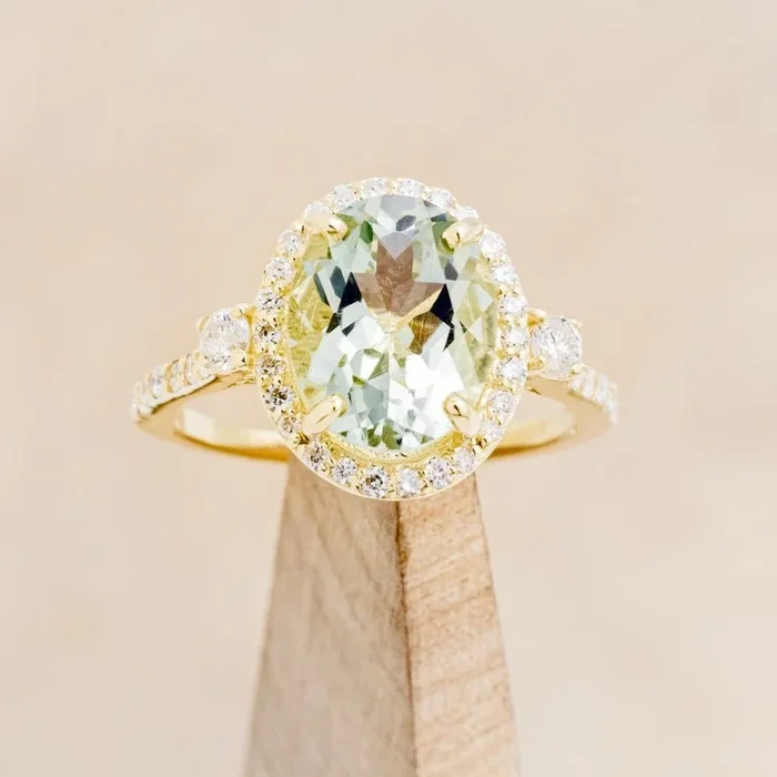“KB” – OVAL CUT PRASIOLITE GREEN QUARTZ ENGAGEMENT RING WITH DIAMOND HALO & ACCENTS